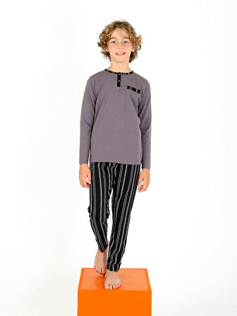 Erkek Çocuk Uzun Kollu %100 Pamuklu Düğme Detaylı Pijama Takımı Classic