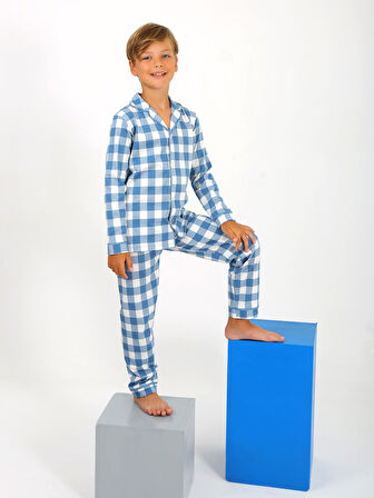 Erkek Çocuk Uzun Kollu %100 Pamuklu Düğmeli Pijama Takımı Vita