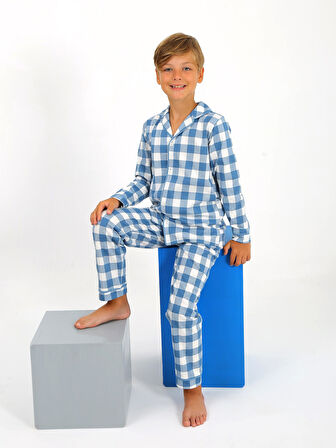 Erkek Çocuk Uzun Kollu %100 Pamuklu Düğmeli Pijama Takımı Vita