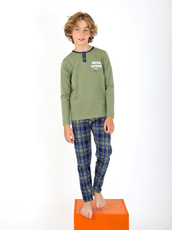 Erkek Çocuk Uzun Kollu %100 Pamuklu Düğme Detaylı Pijama Takımı Next Level