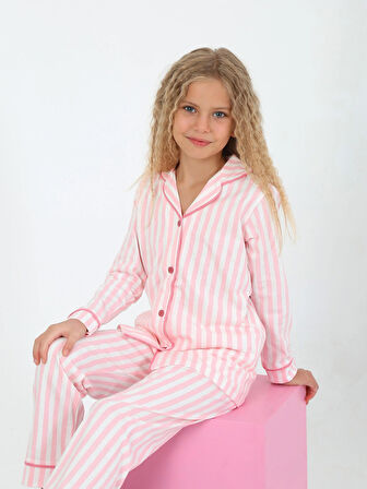 Kız Çocuk Uzun Kollu %100 Pamuklu Düğmeli Pijama Takımı Pure