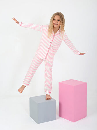 Kız Çocuk Uzun Kollu %100 Pamuklu Düğmeli Pijama Takımı Pure