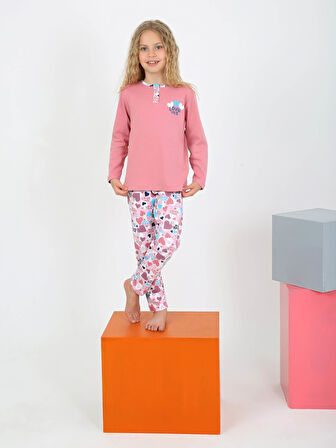 Kız Çocuk Uzun Kollu %100 Pamuklu Düğme Detaylı Pijama Takımı Love Me