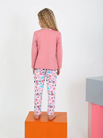 Kız Çocuk Uzun Kollu %100 Pamuklu Düğme Detaylı Pijama Takımı Love Me