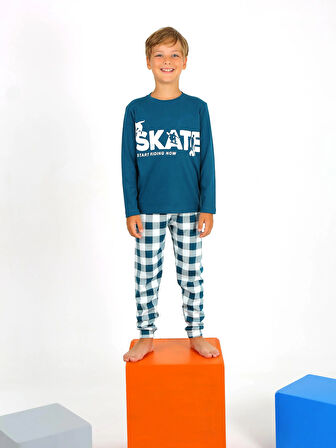 Erkek Çocuk Uzun Kollu %100 Pamuklu Pijama Takımı Star Skate
