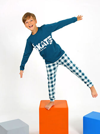 Erkek Çocuk Uzun Kollu %100 Pamuklu Pijama Takımı Star Skate