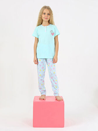 Kız Çocuk Kısa Kollu %100 Pamuklu Düğme Detaylı Dreamer Pijama Takımı
