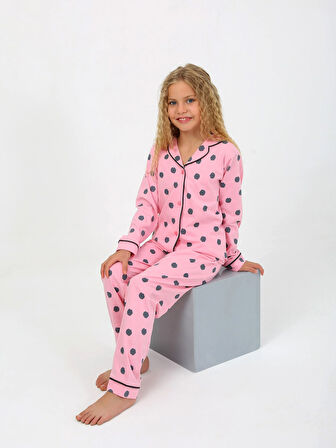 Kız Çocuk Uzun Kollu %100 Pamuklu Düğmeli Pijama Takımı Soft