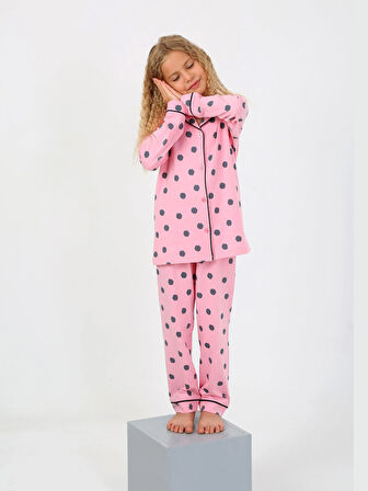 Kız Çocuk Uzun Kollu %100 Pamuklu Düğmeli Pijama Takımı Soft