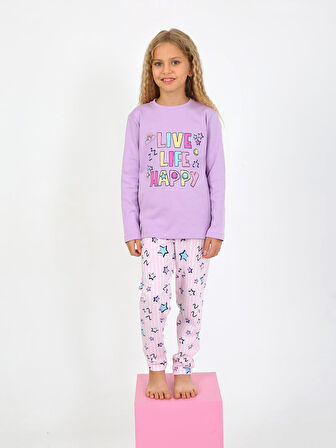 Kız Çocuk Uzun Kollu %100 Pamuklu Pijama Takımı Happy Life