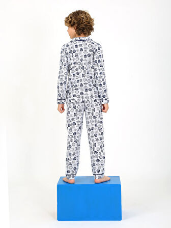 Erkek Çocuk Uzun Kollu %100 Pamuklu Düğmeli Pijama Takımı Arma Uzun