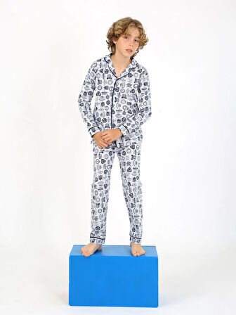 Erkek Çocuk Uzun Kollu %100 Pamuklu Düğmeli Pijama Takımı Arma Uzun
