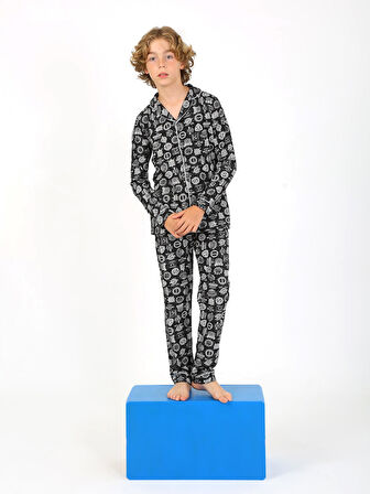 Erkek Çocuk Uzun Kollu %100 Pamuklu Düğmeli Pijama Takımı Arma Uzun