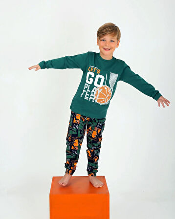 Erkek Çocuk Uzun Kollu %100 Pamuklu Pijama Takımı Go Play Yeşil