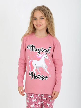 Kız Çocuk Uzun Kollu %100 Pamuklu Pijama Takımı Magical Horse