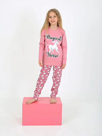 Kız Çocuk Uzun Kollu %100 Pamuklu Pijama Takımı Magical Horse