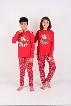 Kız / Erkek Çocuk Yılbaşı Geyik Desen Uzun Kollu %100 Pamuklu Pijama Takımı