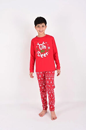 Kız / Erkek Çocuk Yılbaşı Geyik Desen Uzun Kollu %100 Pamuklu Pijama Takımı