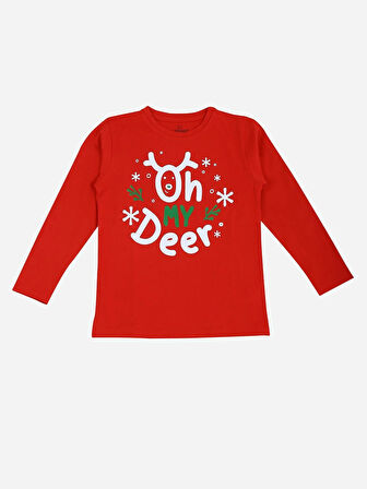 Kız / Erkek Çocuk Yılbaşı Geyik Desen Uzun Kollu %100 Pamuklu Pijama Takımı