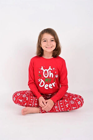 Kız / Erkek Çocuk Yılbaşı Geyik Desen Uzun Kollu %100 Pamuklu Pijama Takımı