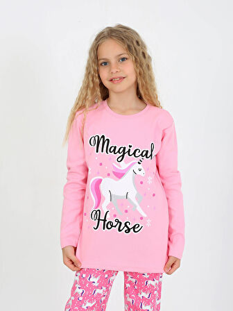 Kız Çocuk Uzun Kollu %100 Pamuklu Pijama Takımı Magical Horse