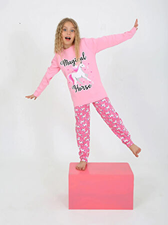 Kız Çocuk Uzun Kollu %100 Pamuklu Pijama Takımı Magical Horse