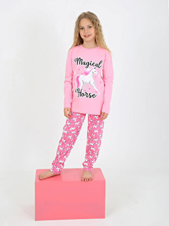 Kız Çocuk Uzun Kollu %100 Pamuklu Pijama Takımı Magical Horse
