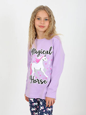 Kız Çocuk Uzun Kollu %100 Pamuklu Pijama Takımı Magical Horse