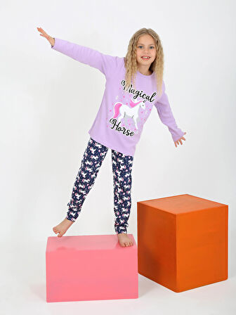 Kız Çocuk Uzun Kollu %100 Pamuklu Pijama Takımı Magical Horse