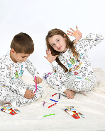 Uzun Kollu Özel Kalem Hediye BOYANABİLİR Kız Erkek Çocuk Pijama Takımı (Yıkama Sonrası Leke Bırakmaz)