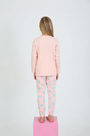 Kız Çocuk Uzun Kollu %100 Pamuklu Pijama Takımı Happy Heart Somon