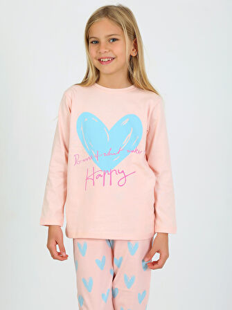 Kız Çocuk Uzun Kollu %100 Pamuklu Pijama Takımı Happy Heart Somon