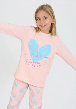 Kız Çocuk Uzun Kollu %100 Pamuklu Pijama Takımı Happy Heart Somon