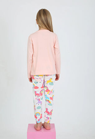 Kız Çocuk Uzun Kollu %100 Pamuklu Pijama Takımı Happines Somon