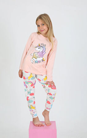 Kız Çocuk Uzun Kollu %100 Pamuklu Pijama Takımı Happines Somon