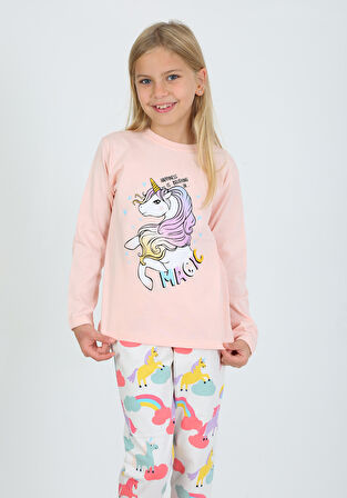 Kız Çocuk Uzun Kollu %100 Pamuklu Pijama Takımı Happines Somon