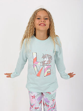 Kız Çocuk Uzun Kollu %100 Pamuklu Pijama Takımı Star Love Mint