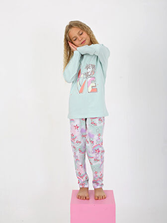 Kız Çocuk Uzun Kollu %100 Pamuklu Pijama Takımı Star Love Mint