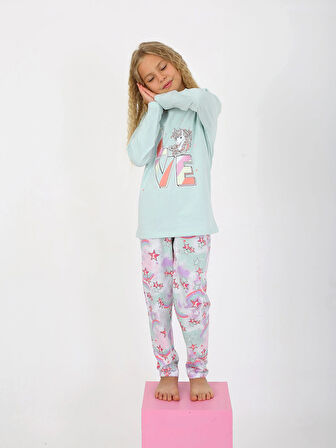 Kız Çocuk Uzun Kollu %100 Pamuklu Pijama Takımı Star Love Mint