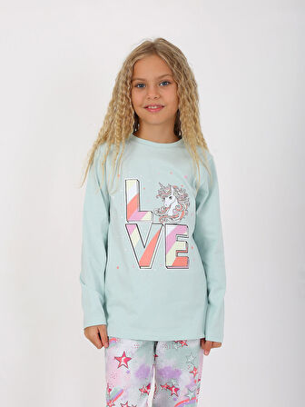 Kız Çocuk Uzun Kollu %100 Pamuklu Pijama Takımı Star Love Mint