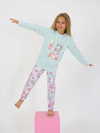 Kız Çocuk Uzun Kollu %100 Pamuklu Pijama Takımı Star Love Mint