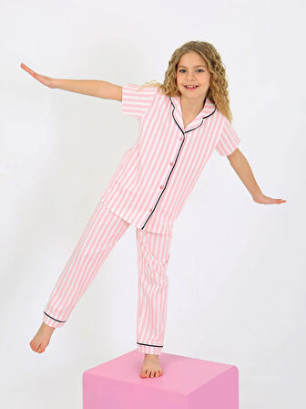 Kız Çocuk Kısa Kollu Düğmeli %100 Pamuklu Pijama Takımı Pinky