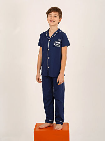 Erkek Çocuk Kısa Kollu Düğmeli %100 Pamuklu Pijama Takımı The King