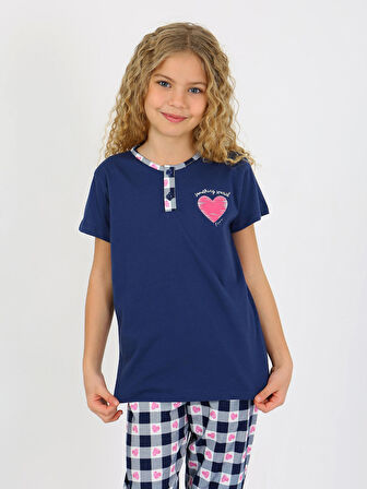 Kız Çocuk Kısa Kollu Düğme Detaylı %100 Pamuklu Pijama Takımı Special Love
