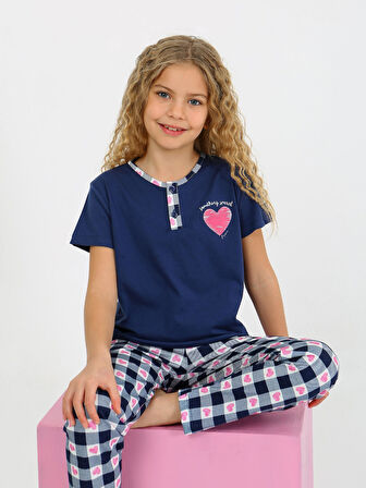 Kız Çocuk Kısa Kollu Düğme Detaylı %100 Pamuklu Pijama Takımı Special Love