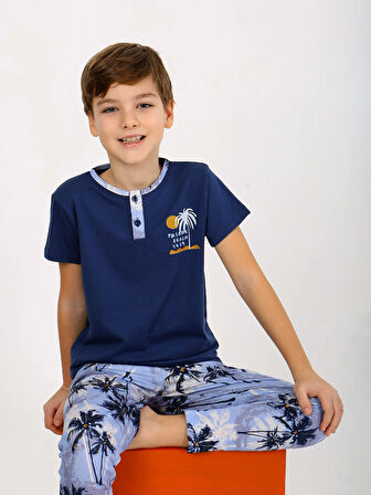 Erkek Çocuk Kısa Kollu Düğme Detaylı %100 Pamuklu Pijama Takımı The Palm