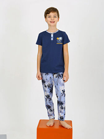 Erkek Çocuk Kısa Kollu Düğme Detaylı %100 Pamuklu Pijama Takımı The Palm