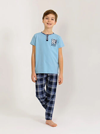 Erkek Çocuk Kısa Kollu Düğme Detaylı %100 Pamuklu Pijama Takımı Be