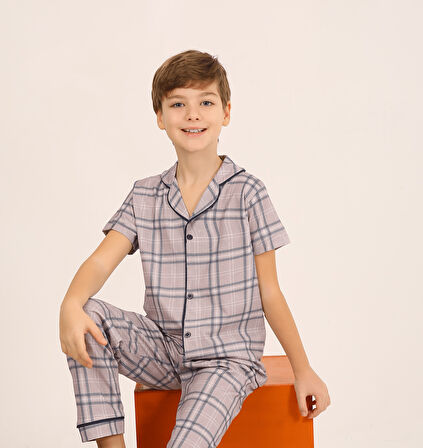 Erkek Çocuk Kısa Kollu Düğmeli %100 Pamuklu Pijama Takımı Cooper