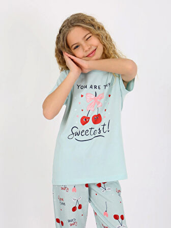 Kız Çocuk Kısa Kollu %100 Pamuklu Pijama Takımı Cherry